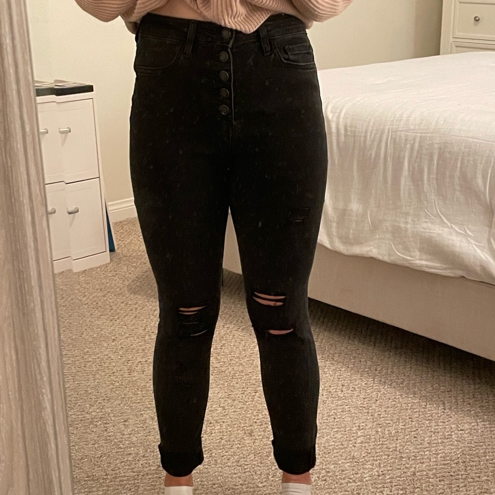 Flying Monkey ripped black skinny jeans with multiple buttons